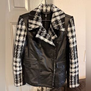 White House Black Market Black Faux Leather Jacket with Black & White Tweed